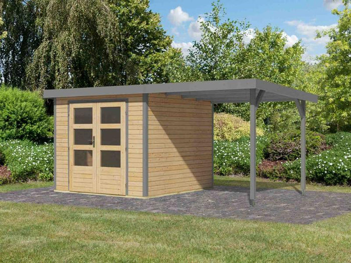 Karibu Hybrid Gartenhaus Jupiter 3,5 A naturbelassen/graualuminium, inkl. 2,35 m Anbaudach