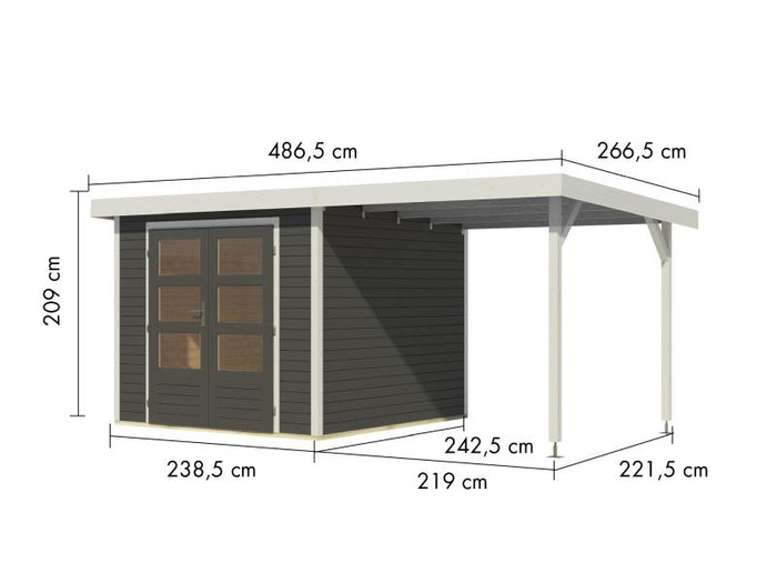 Karibu Hybrid Gartenhaus Jupiter 3,5 B terragrau/weiß, inkl. 2,35 m Anbaudach