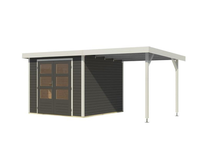 Karibu Hybrid Gartenhaus Jupiter 3,5 B terragrau/weiß, inkl. 2,35 m Anbaudach