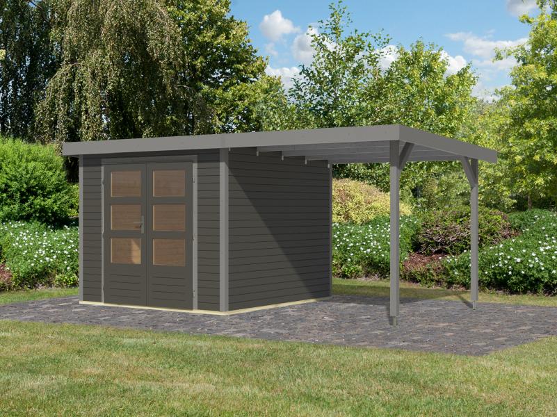 Karibu Hybrid Gartenhaus Jupiter 3,5 B terragrau/graualuminium, inkl. 2,35 m Anbaudach