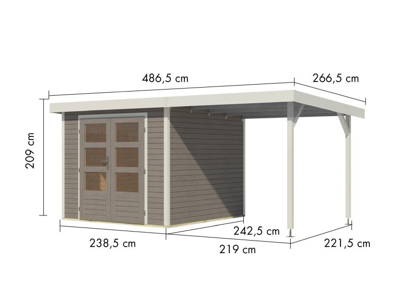 Karibu Hybrid Gartenhaus Jupiter 3,5 D wassergrau/weiß, inkl. 2,35 m Anbaudach