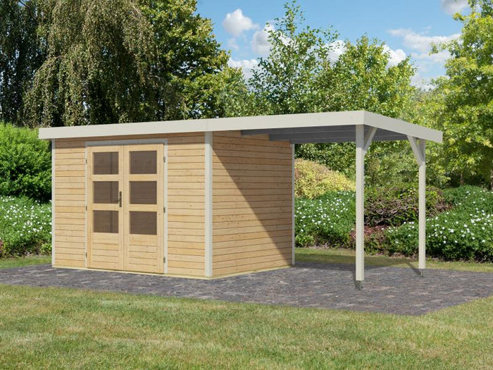 Karibu Hybrid Gartenhaus Jupiter 4 A naturbelassen/weiß, inkl. 2,35 m Anbaudach