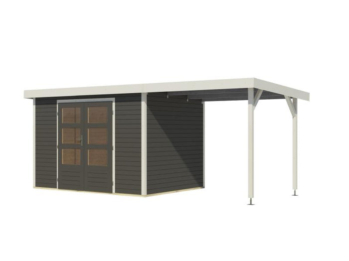 Karibu Hybrid Gartenhaus Jupiter 4 B terragrau/weiß, inkl. 2,35 m Anbaudach