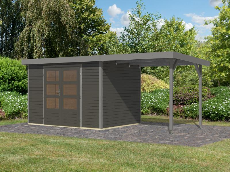 Karibu Hybrid Gartenhaus Jupiter 4 B terragrau/graualuminium, inkl. 2,35 m Anbaudach