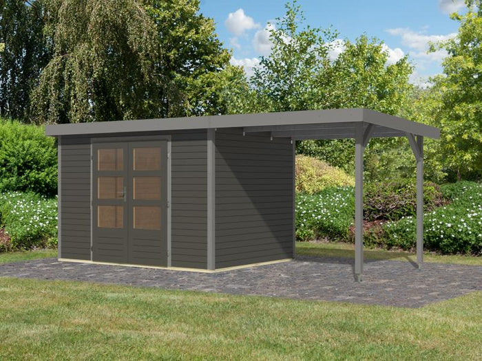Karibu Hybrid Gartenhaus Jupiter 4 B terragrau/graualuminium, inkl. 2,35 m Anbaudach