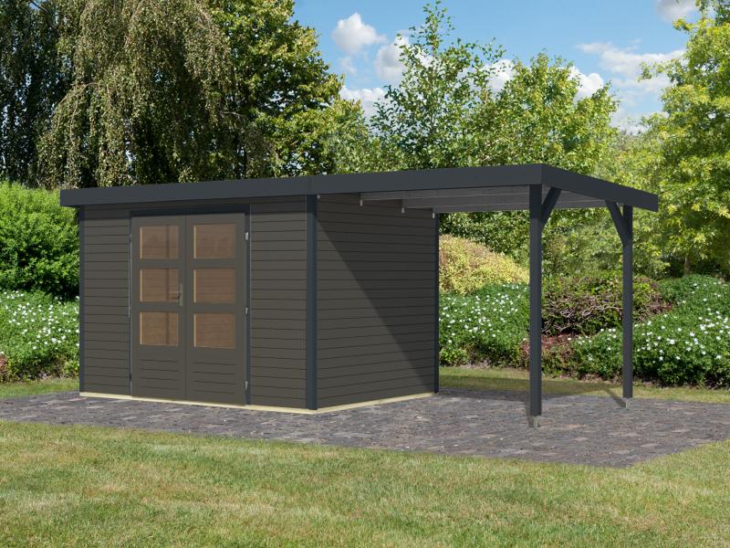 Karibu Hybrid Gartenhaus Jupiter 4 B terragrau/anthrazit, inkl. 2,35 m Anbaudach