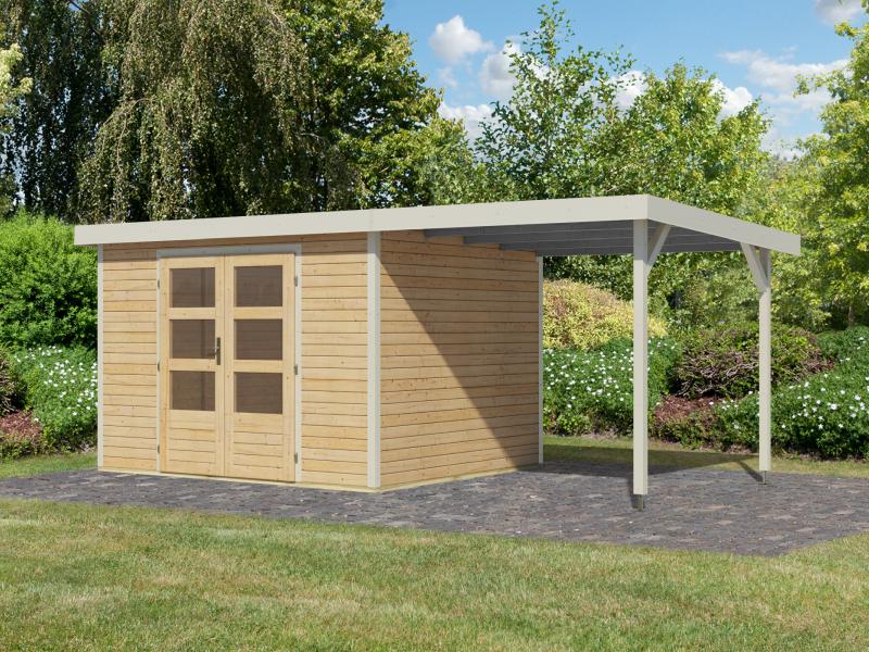 Karibu Hybrid Gartenhaus Jupiter 5 A naturbelassen/weiß, inkl. 2,35 m Anbaudach