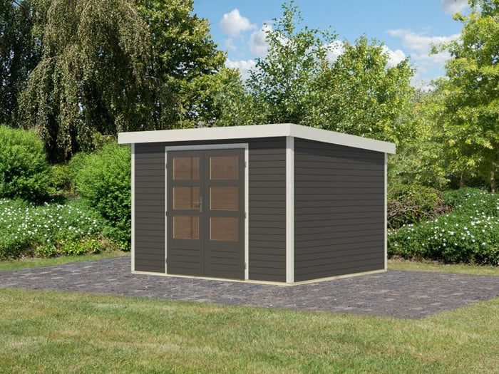 Karibu Hybrid Gartenhaus Jupiter 5 B terragrau/weiß