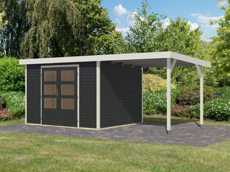 Karibu Hybrid Gartenhaus Jupiter 5 C anthrazit/weiß, inkl. 2,35 m Anbaudach