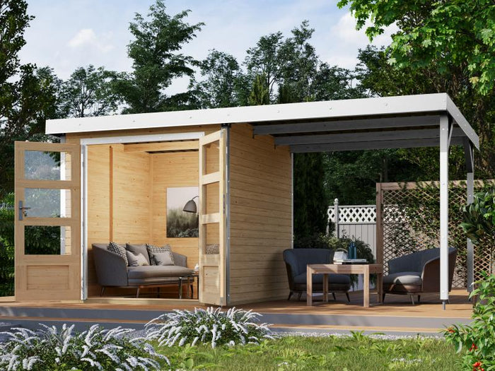 Karibu Hybrid Gartenhaus Jupiter A naturbelassen/weiß inkl. 2,40 m Anbaudach