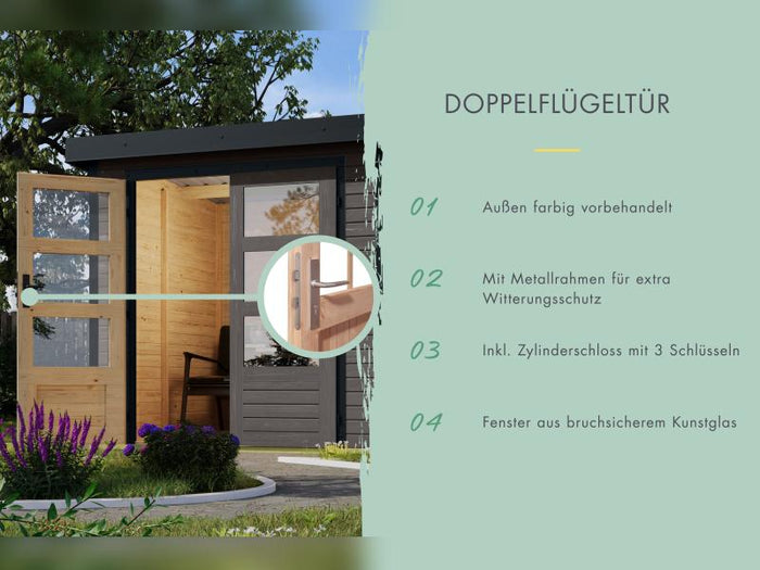 Karibu Hybrid Gartenhaus Jupiter B terragrau/weiß inkl. 2,40 m Anbaudach