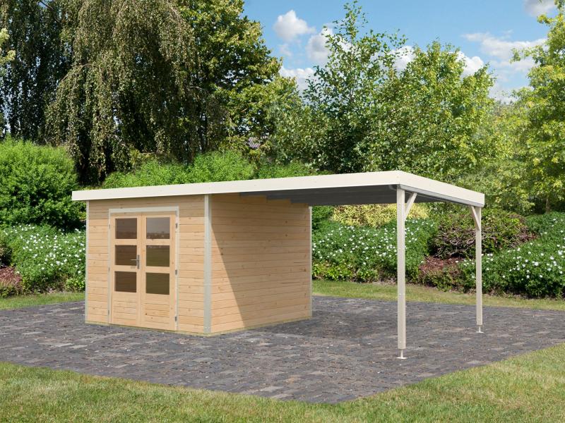 Karibu Hybrid Gartenhaus Pluto 6 A, naturbelassen/weiß inkl. 3 m Anbaudach