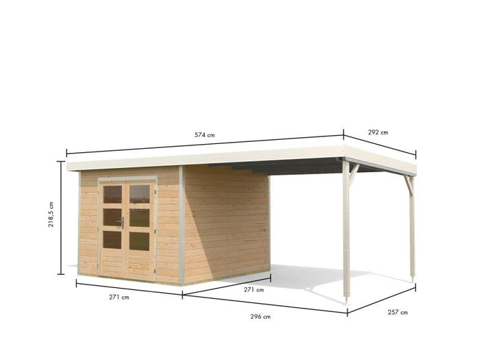 Karibu Hybrid Gartenhaus Pluto 6 A, naturbelassen/weiß inkl. 3 m Anbaudach