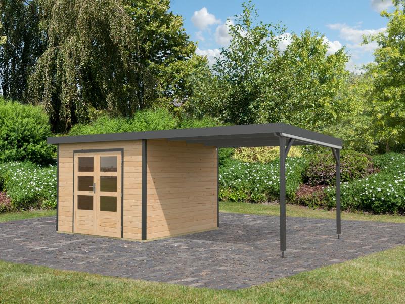 Karibu Hybrid Gartenhaus Pluto 6 A, naturbelassen/anthrazit inkl. 3 m Anbaudach