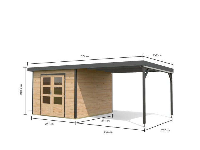 Karibu Hybrid Gartenhaus Pluto 6 A, naturbelassen/anthrazit inkl. 3 m Anbaudach
