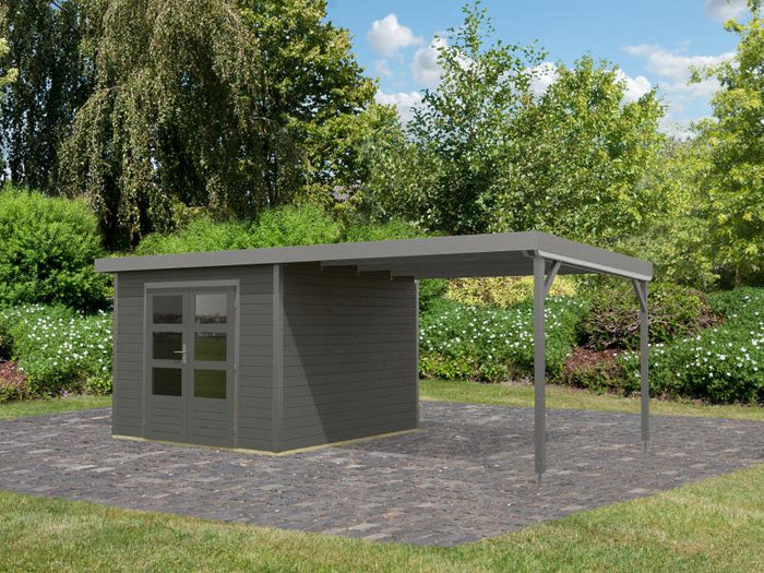 Karibu Hybrid Gartenhaus Pluto 6 B, terragrau/graualuminium inkl. 3 m Anbaudach
