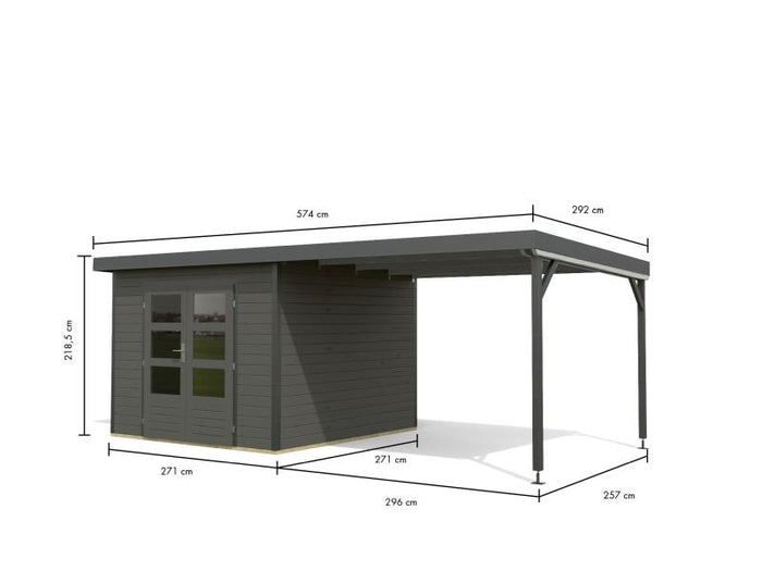 Karibu Hybrid Gartenhaus Pluto 6 B, terragrau/anthrazit inkl. 3 m Anbaudach