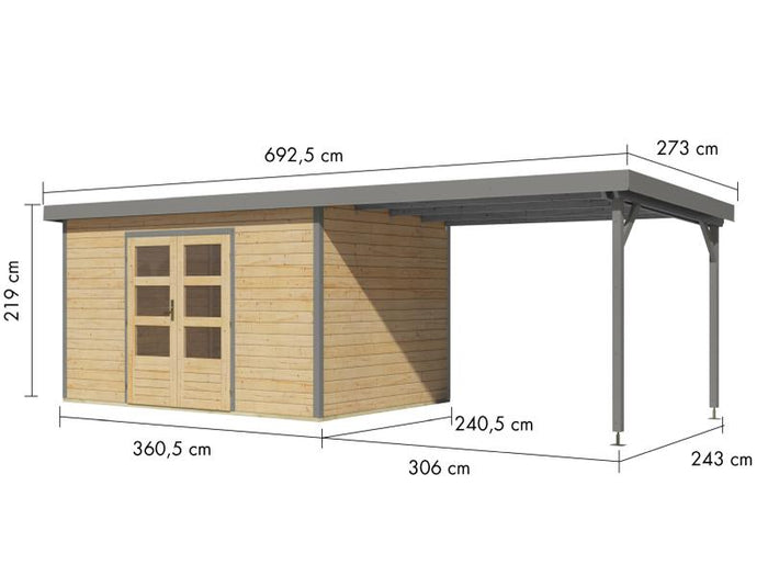 Karibu Hybrid Gartenhaus Pluto 7 A, naturbelassen/graualuminium, inkl. 3 m Anbaudach