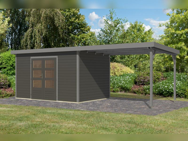 Karibu Hybrid Gartenhaus Pluto 7 B, terragrau/graualuminium, inkl. 3 m Anbaudach