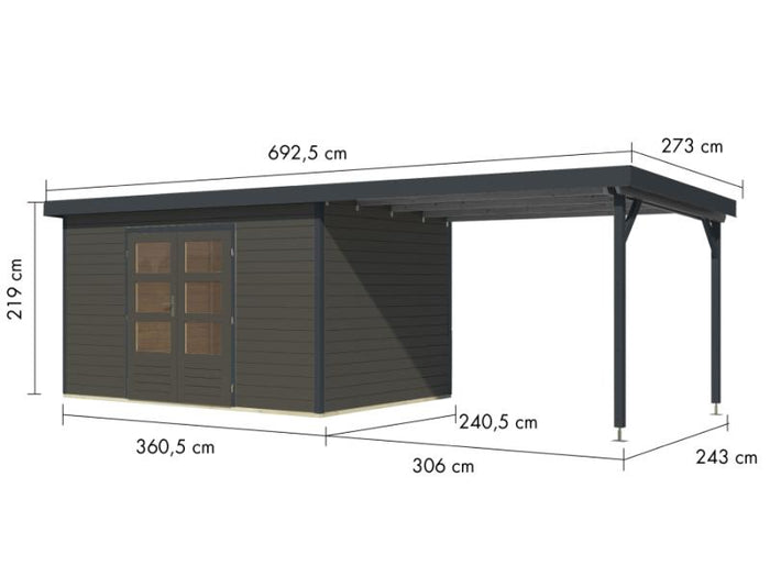 Karibu Hybrid Gartenhaus Pluto 7 B, terragrau/anthrazit, inkl. 3 m Anbaudach