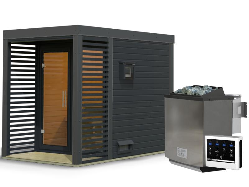 Karibu Hybrid Saunahaus Ares 1, anthrazit/anthrazit-inkl. 9 kW Bioofen ext. Steuerung-