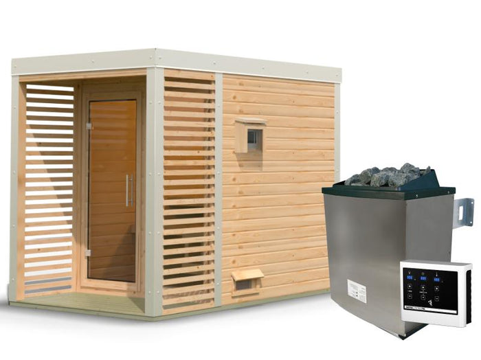 Karibu Hybrid Saunahaus Ares 1, naturbelassen/weiß -inkl. 9 kW Ofen ext. Steuerung-