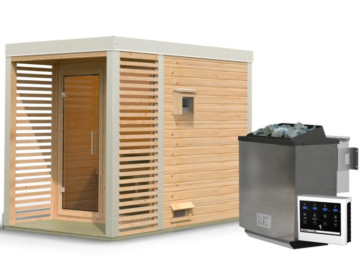 Karibu Hybrid Saunahaus Ares 1, naturbelassen/weiß -inkl. 9 kW Bioofen ext. Steuerung-