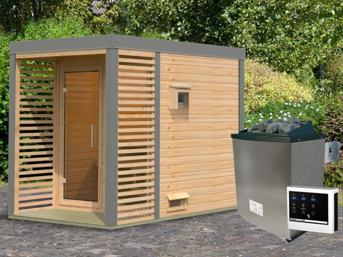 Karibu Hybrid Saunahaus Ares 1, naturbelassen/staubgrau -inkl. 9 kW Ofen ext. Steuerung-