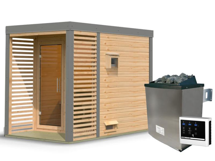 Karibu Hybrid Saunahaus Ares 1, naturbelassen/staubgrau -inkl. 9 kW Ofen ext. Steuerung-