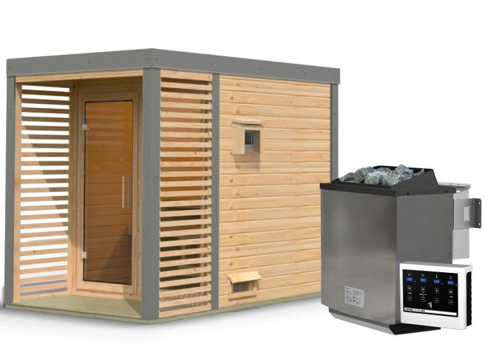 Karibu Hybrid Saunahaus Ares 1, naturbelassen/staubgrau -inkl. 9 kW Bioofen ext. Steuerung-