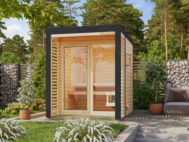 Karibu Hybrid Saunahaus Ares 1, naturbelassen/anthrazit -inkl. 9 kW Ofen ext. Steuerung-