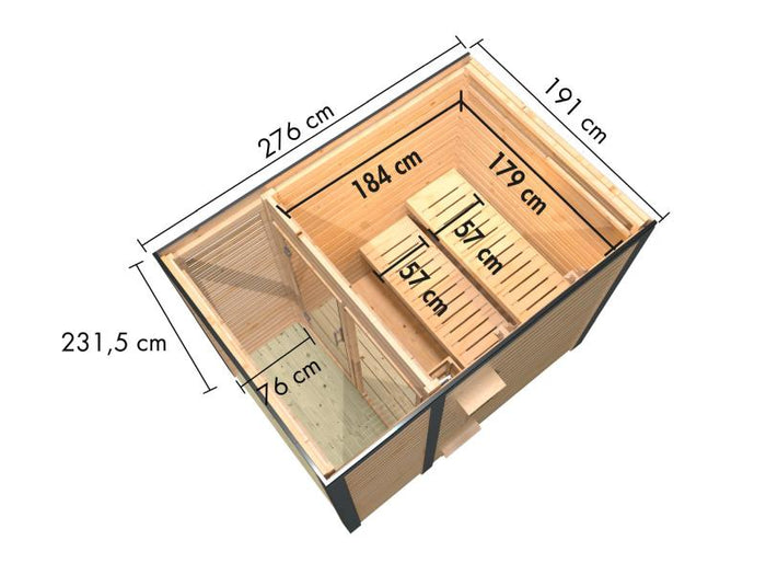 Karibu Hybrid Saunahaus Ares 1, naturbelassen/anthrazit -inkl. 9 kW Bioofen ext. Steuerung-