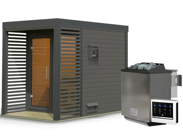 Karibu Hybrid Saunahaus Ares 1, terragrau/anthrazit -inkl. 9 kW Bioofen ext. Steuerung-