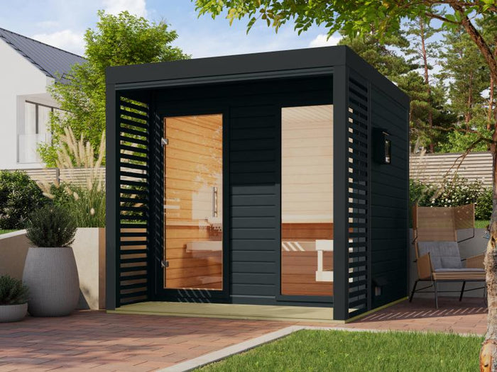 Karibu Hybrid Saunahaus Ares 2, anthrazit/anthrazit -inkl. 9 kW Bioofen ext. Steuerung-