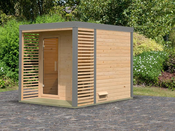 Karibu Hybrid Saunahaus Ares 2, naturbelassen/staubgrau -ohne Ofen-