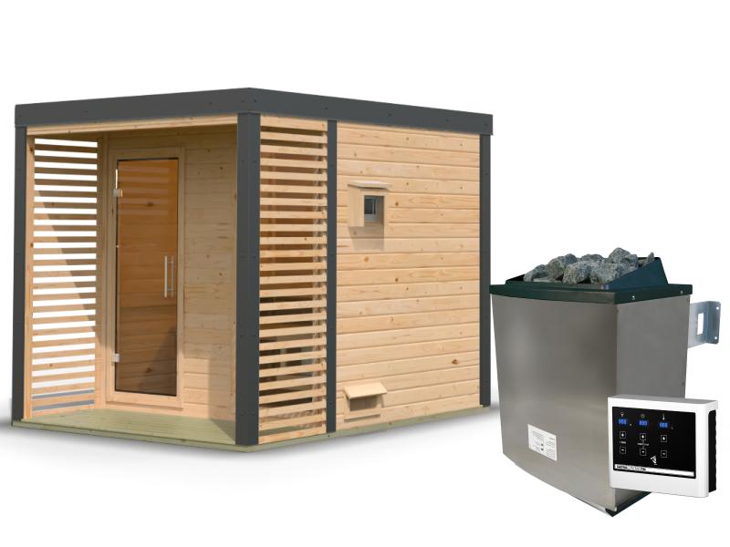 Karibu Hybrid Saunahaus Ares 2, naturbelassen/anthrazit -inkl. 9 kW Ofen ext. Steuerung-