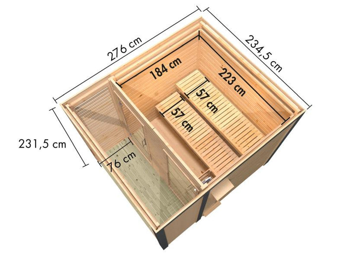 Karibu Hybrid Saunahaus Ares 2, naturbelassen/anthrazit -inkl. 9 kW Bioofen ext. Steuerung-