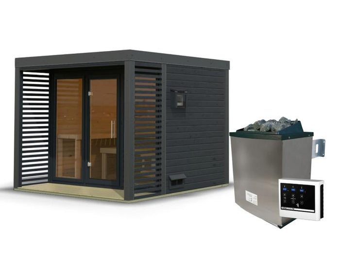 Karibu Hybrid Saunahaus Ares 3,anthrazit/anthrazit -inkl. 9 kW Ofen ext. Steuerung-