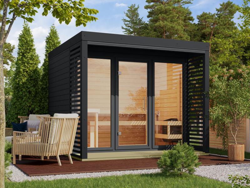 Karibu Hybrid Saunahaus Ares 3,anthrazit/anthrazit -inkl. 9 kW Bioofen ext. Steuerung-