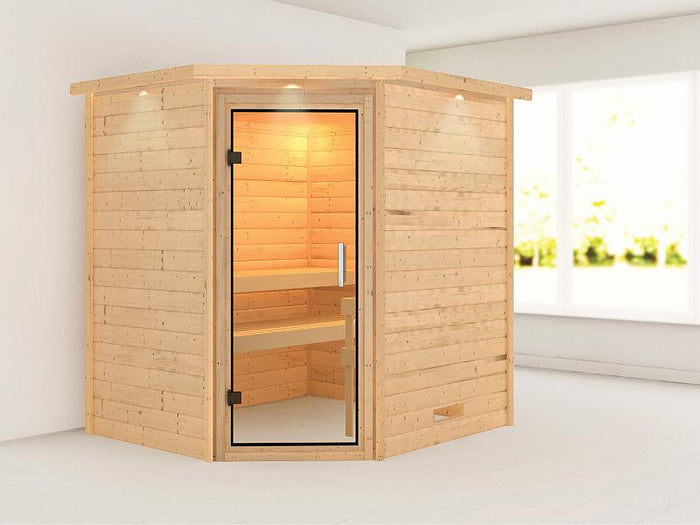 Karibu Massivholzsauna Mia 38 mm mit Klarglas Saunatür, mit Dachkranz