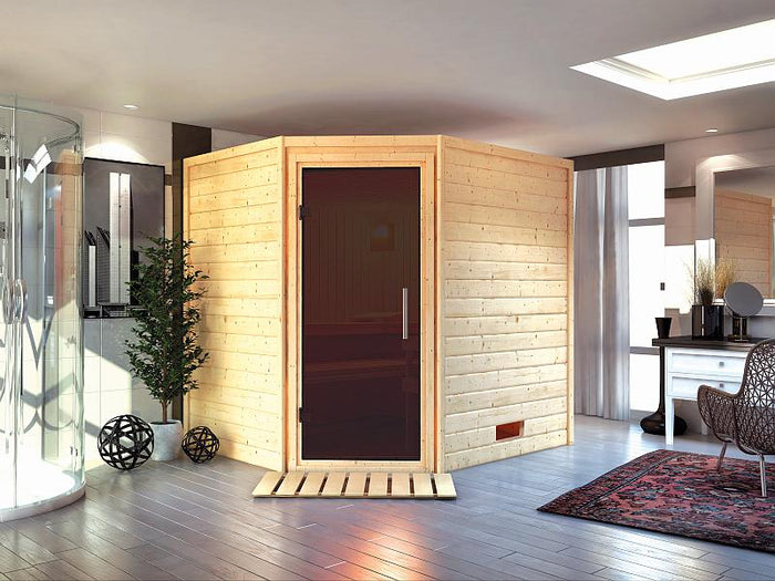 Karibu Massivholzsauna Mia 38 mm mit moderner Saunatür, ohne Dachkranz