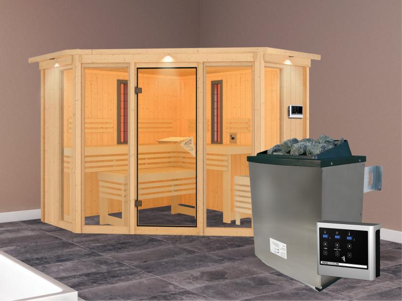 Karibu Multifunktions-Sauna Asta mit Dachkranz, 9 kW Ofen und Infrarotstrahler