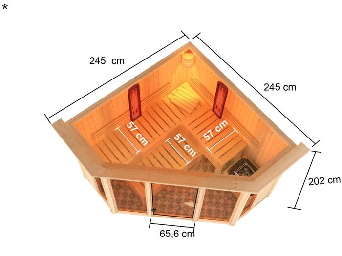 Karibu Multifunktions-Sauna Asta mit Dachkranz, 9 kW Ofen und Infrarotstrahler