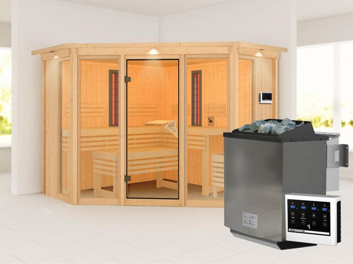 Karibu Multifunktions-Sauna Asta mit Dachkranz, 9 kW Bioofen und Infrarotstrahler