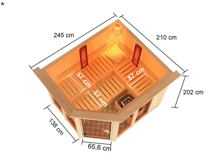 Karibu Multifunktions-Sauna Ava mit Dachkranz, 9 kW Ofen und Infrarotstrahler