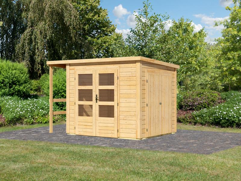 Karibu Multifunktionshaus Pultdach mit Schrank und Anbaudach 28 mm