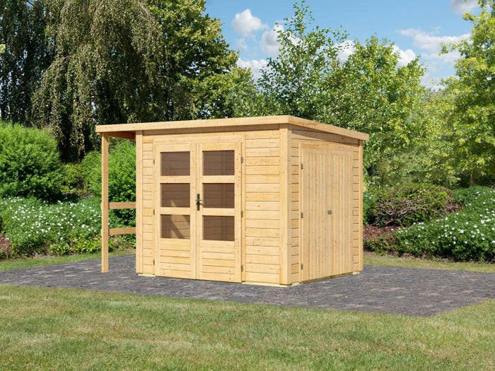 Karibu Multifunktionshaus Pultdach mit Schrank und Anbaudach 28 mm