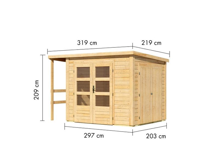 Karibu Multifunktionshaus Pultdach mit Schrank und Anbaudach 28 mm