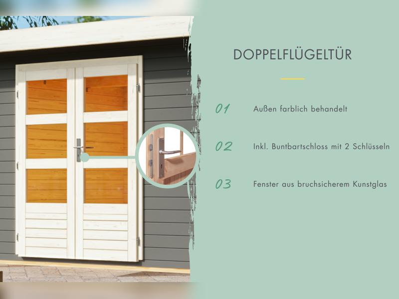 Karibu Multifunktionshaus Pultdach mit Schrank und Anbaudach 28 mm, terragrau