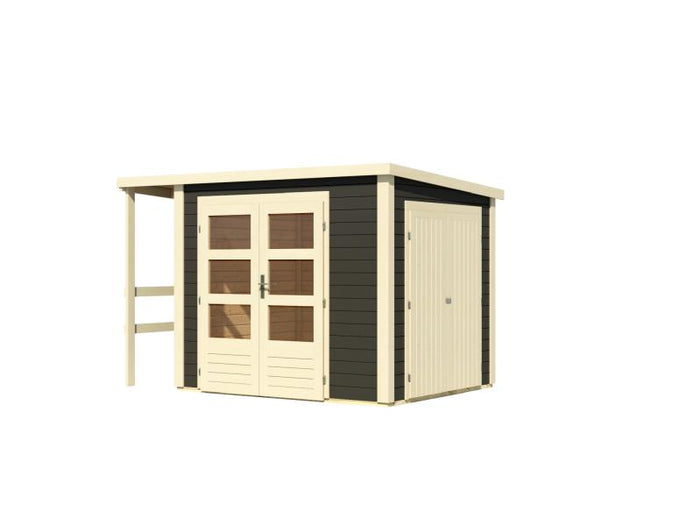 Karibu Multifunktionshaus Pultdach mit Schrank und Anbaudach 28 mm, terragrau